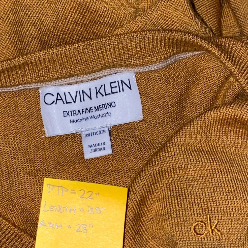 Calvin Klein 2XL Extra Fine Merino Wool Caramel Brown Preppy Minimalist Sweater